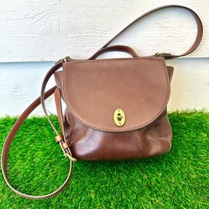 RARE Fossil Classic Messenger TURN LOCK Leather Brown Crossbody Bag